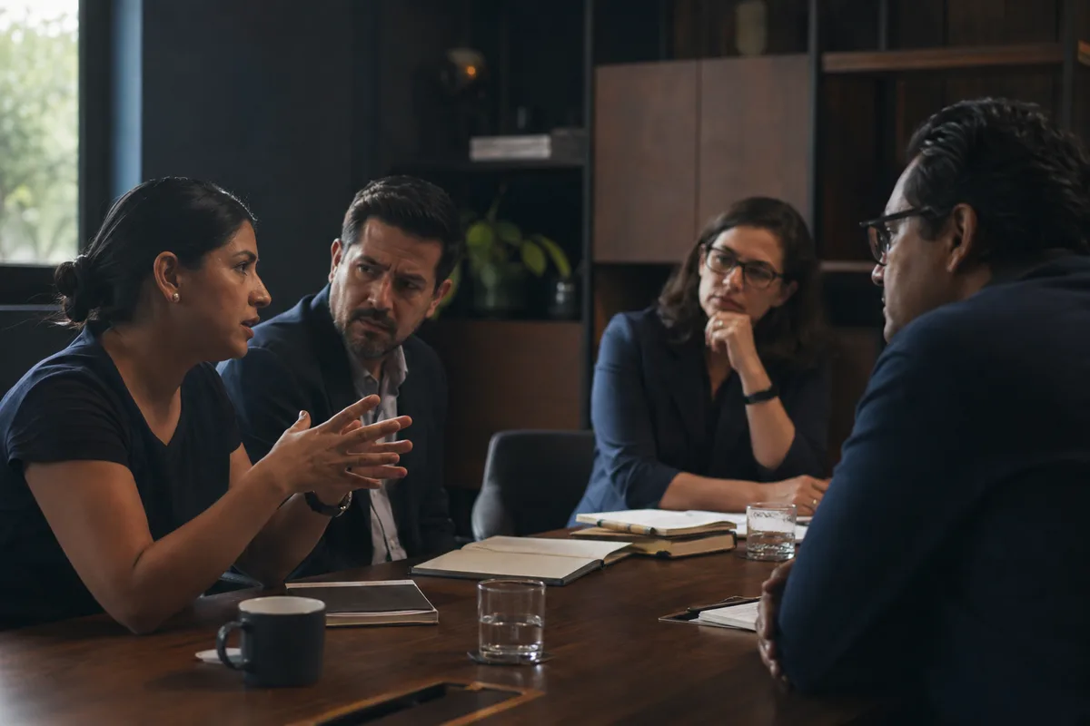 Escena ilustrativa de un equipo conversando en una reunión