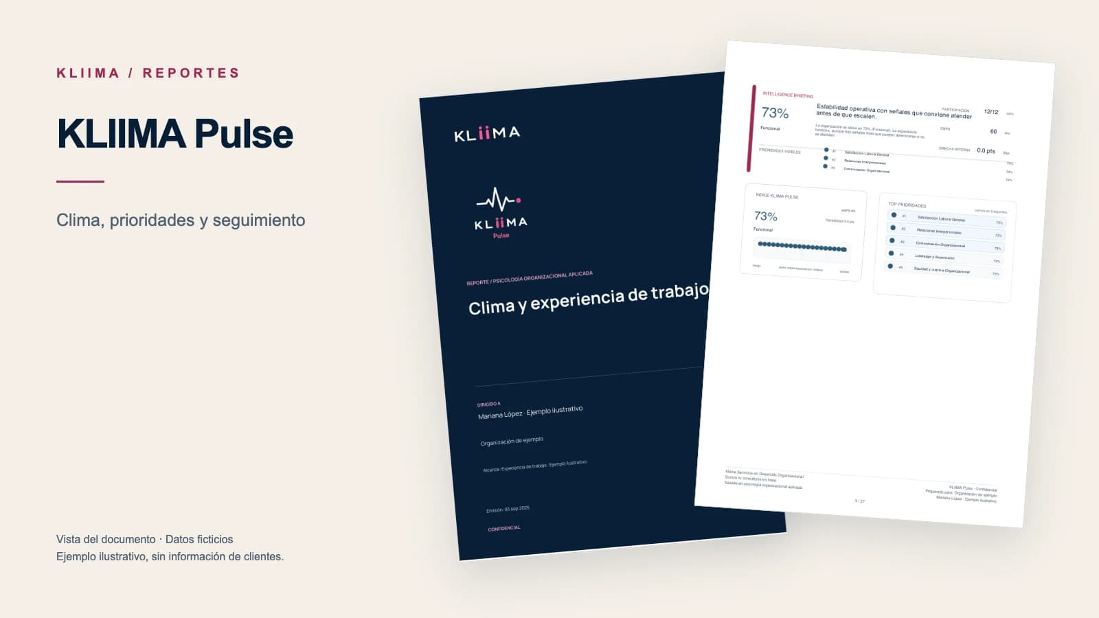 Ejemplo visual de reporte KLIIMA Pulse con eNPS, tendencia de clima, matriz de riesgo y acciones