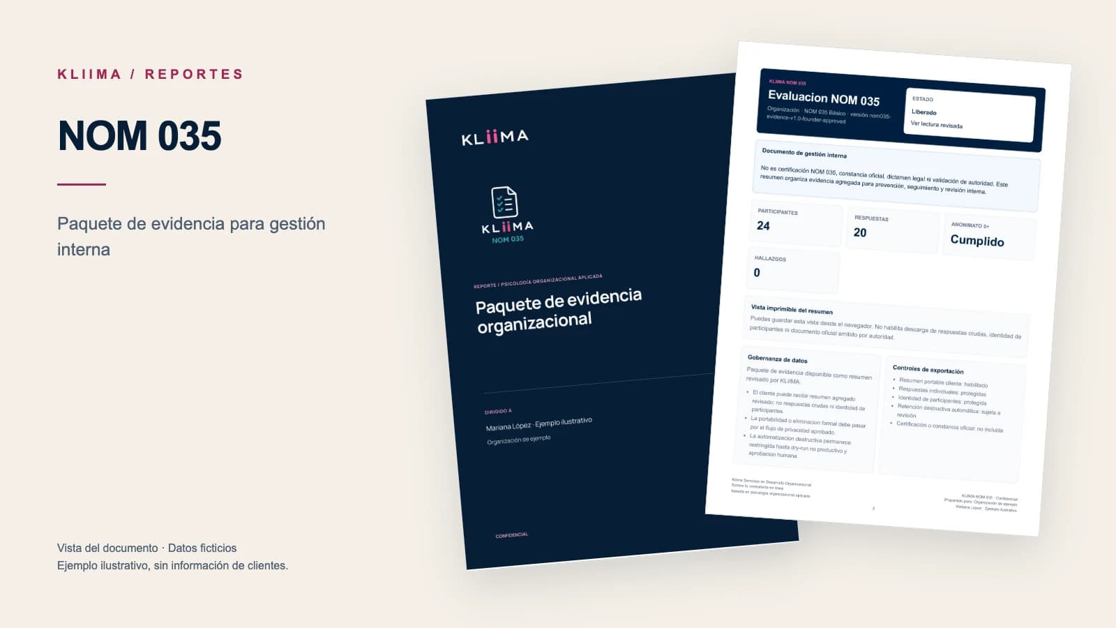Ejemplo visual de reporte NOM 035 con riesgo psicosocial, evidencia preventiva y lectura agregada