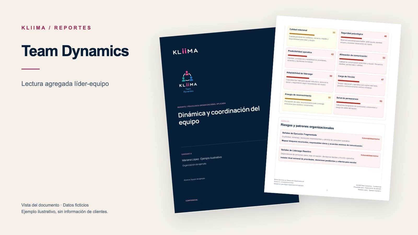 Ejemplo visual de reporte Team Dynamics con mapa líder-equipo, salud relacional, confianza y acciones